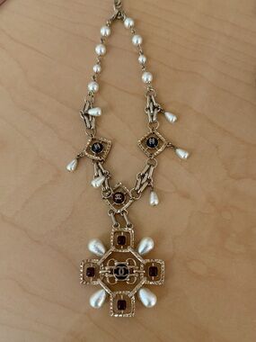 CHANEL VINTAGE GRIPOIX ENAMEL PEARL BYZANTINE CROSS NECKLACE